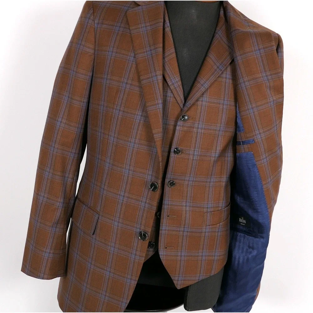 Joseph Abboud Mens 3 Piece Suit 38R Brown Blue Plaid Reda Super 130s Wool USA